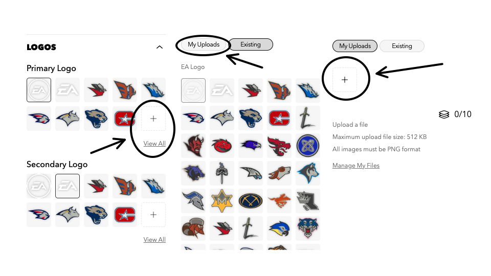 three images showing the steps for uploading a custom image in EA Sports College Football 25's teambuilder