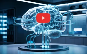 A futuristic scene of a large holographic brain, illuminated with a vibrant blue light. The brain has intricate, stylized blue wires connected to it, emitting a soft glow. At the center of the brain, the iconic YouTube logo hovers, signifying the connection between creativity, knowledge, and technology. The background reveals a sleek, high-tech laboratory with glowing panels and modern equipment, giving the image a futuristic and innovative ambiance.