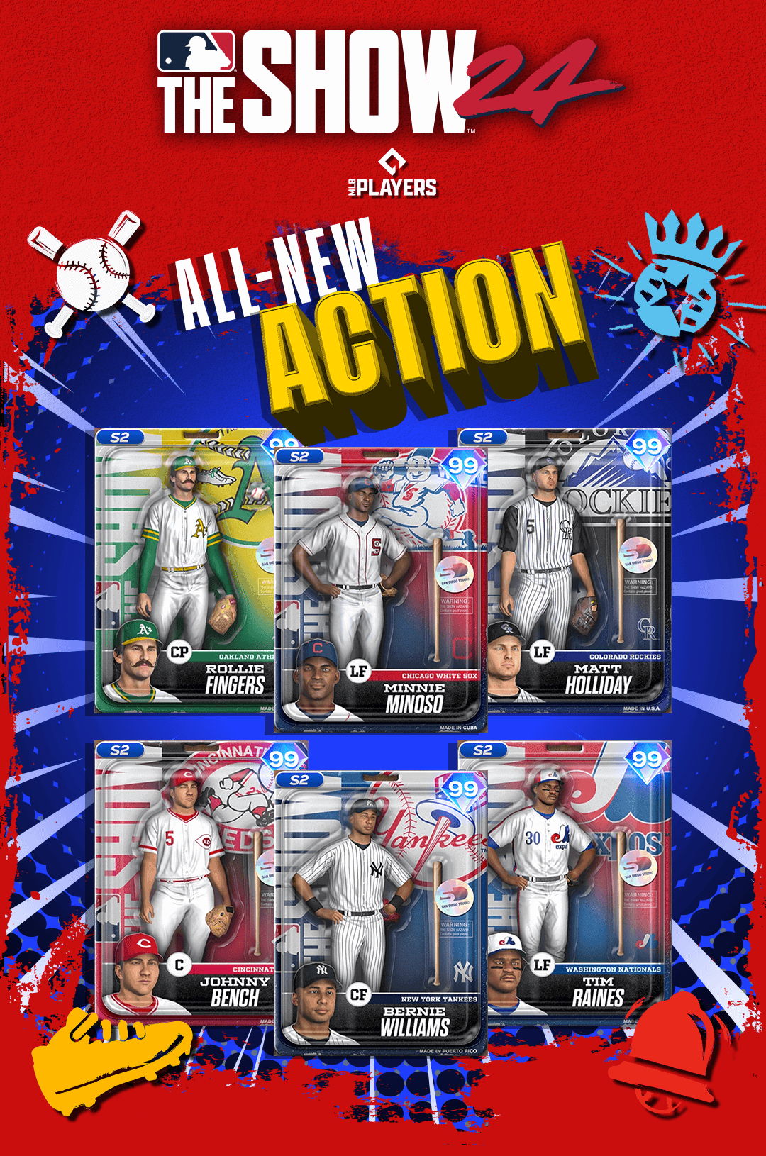 promotional image for MLB The Show's "All-New Action" line of virtual cards, which are great baseball players who look like action figures in bubble packaging