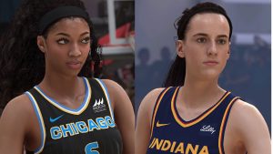 close-up portrait shots of Angel Reese (left) and Caitlin Clark (right) as they appear in NBA 2K25