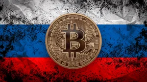 AI image of a crypto coin imposed on top of the flag of Russia / The Russian Stock Exchange has denied reports it is about to set up a state-run cryptocurrency exchange.