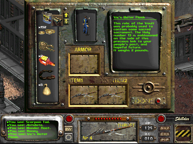 layar inventaris dari video game RPG Fallout 2 tahun 1998