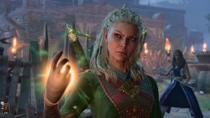 an elven character brandishes magic in her right hand with a threatening look on her face in Baldur's Gate 3