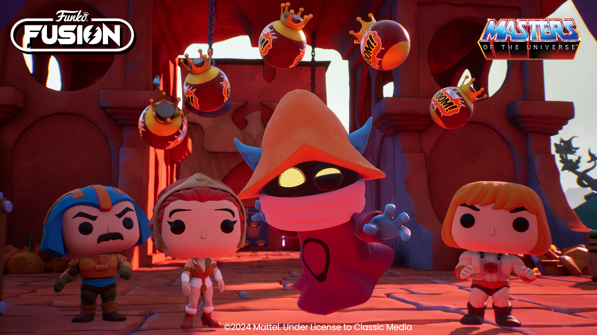 orko, man at arms, and he-man in Funko Fusion