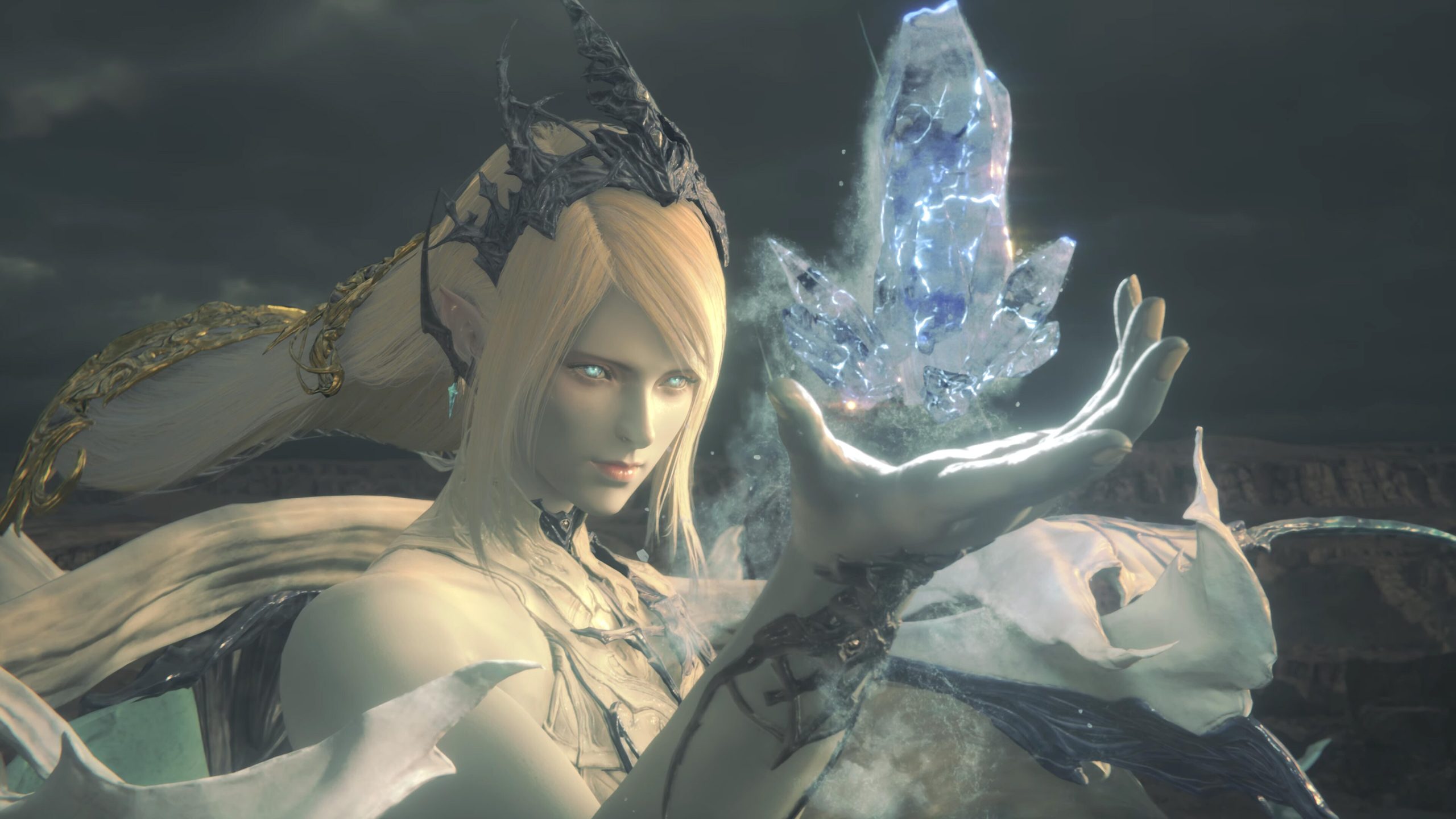 cutscene from Final Fantasy 16 may contain woman holding floating crystal