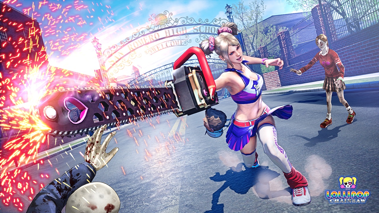 Вболівальниця Джульєт Старлінг, героїня Lollipop Chainsaw, встромляє свою бензопилу на передньому плані, біжачи на глядача, на рекламному зображенні