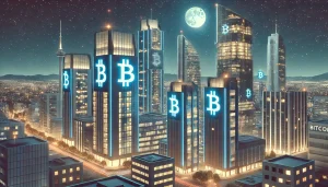 A sleek, modern cityscape of San Salvador at night, with Bitcoin symbols illuminated on skyscrapers, representing economic growth and financial independence