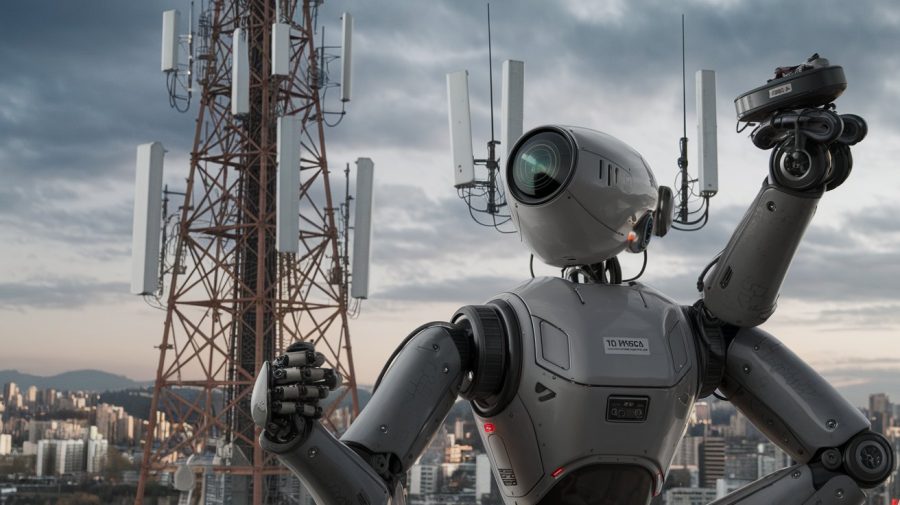 A cinematic shot of a telecommunication tower with multiple aerials. In the foreground, there's a robot with a camera for its head, and multiple arms. One of the arms is holding a small robot. The background is a city with many buildings. The sky is cloudy.