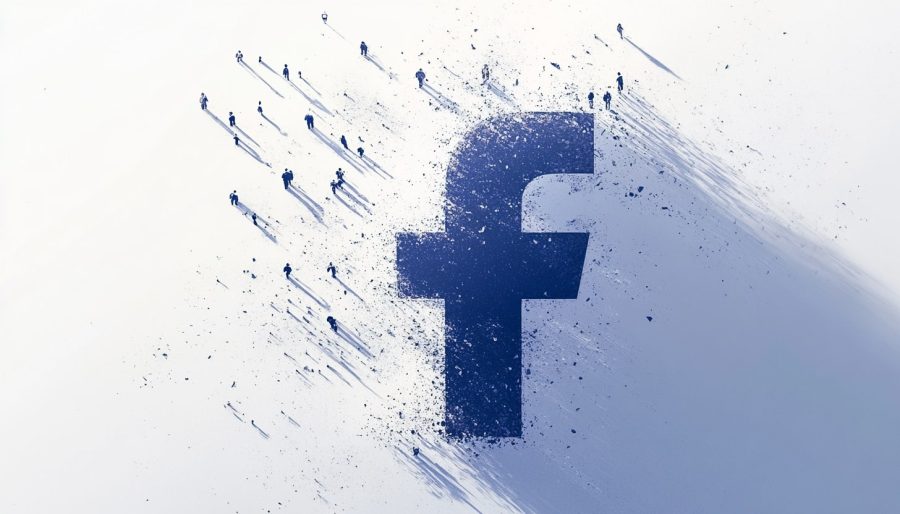 A digital illustration depicting a large, imposing Facebook logo casting a shadow over a group of smaller, scattered Russian media outlet logos on a stark white background. The Russian logos appear to be fading or disintegrating, symbolizing their ban from the platform. The overall composition should convey a sense of power imbalance and the impact of Facebook's decision