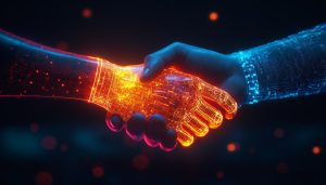 A close-up shot of a handshake between the UAE and US presidents, with a glowing artificial intelligence interface projected on their hands, symbolizing the partnership in AI technology, digital art, neon lights, dark background