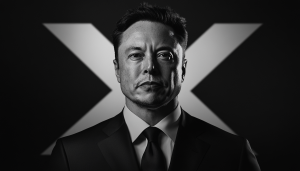 elon musk against an X background in black and white