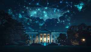 The White House illuminated at night with digital data streams emerging from the building, representing artificial intelligence development. In the sky above, a holographic map of the U.S. shows interconnected data nodes, symbolizing the nation’s push for AI leadership