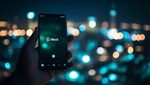 A hand with a phone held. on the screen is a whatsapp logo. the background is a blurred cityscape.