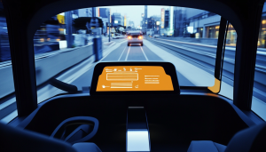 Futuristic looking cockpit of a car, with the road ahead.