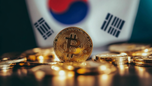 Cryptocurrency Bitcoin coin in front of South Korea flag