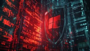 A metaphorical image depicting a giant, shining metal shield with the Microsoft logo, protecting a group of servers and computer systems from a barrage of red, malicious-looking code and binary numbers, digital art, 4k, dramatic lighting, trending on behanc