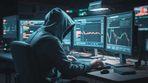 A digital illustration of a hacker with a hoodie, sitting in a dimly lit room. He is hacking into a cryptocurrency exchange platform. There are multiple monitors in the room, with some showing the hacking process. The platform has a significant loss in value.