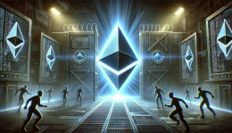 A digital fortress with a glowing Ethereum symbol on its walls, surrounded by shadowy figures trying to breach it