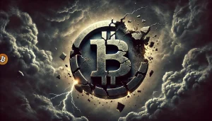 A stylized Bitcoin logo cracking and falling apart against a stormy background, symbolizing market volatility