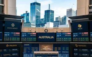 A view of the stock exchange in Australia. There are multiple screens displaying stock market data. The background contains a city skyline with tall buildings.