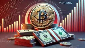 A stylized Bitcoin logo rising from a stack of dollar bills, with MicroStrategy's corporate colors in the background