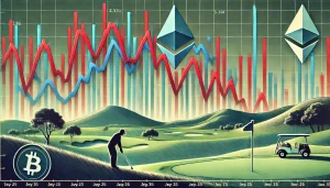 A graph showing Bitcoin and Ethereum price charts with sharp downward trends, overlaid with a stylized golf course silhouette