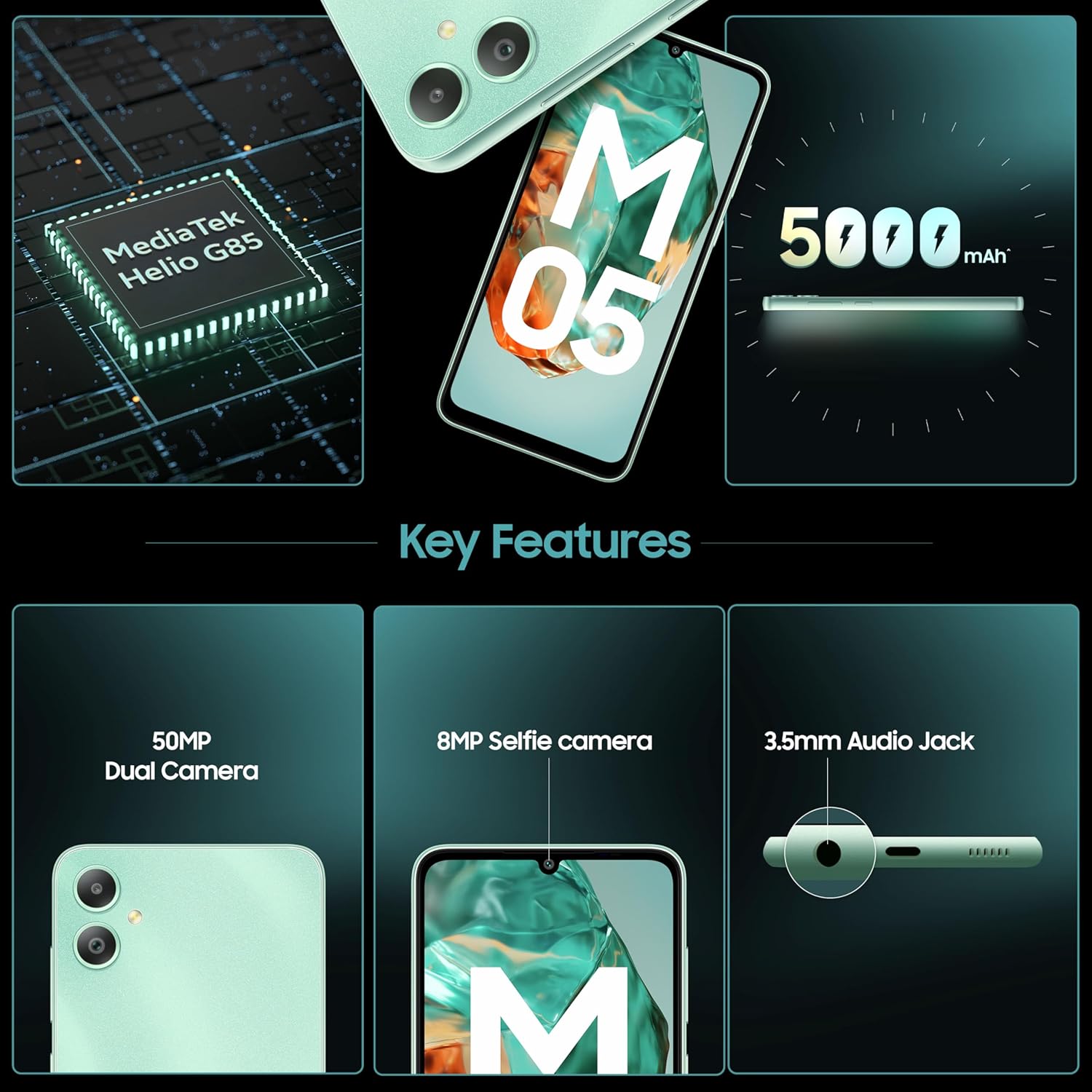  a MediaTek Helio G85 chipset, the phone itself highlighting its mint green color and 'M05' branding, and a battery icon representing a 5000mAh capacity. Additional panels highlight the phone’s key specifications, including a 50MP dual camera system, an 8MP selfie camera, and a 3.5mm audio jack. The overall layout is sleek and informative, using a dark background to emphasize the features.