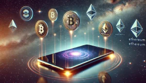 Sleek smartphone floating in space, surrounded by glowing Solana logos and cryptocurrency symbols