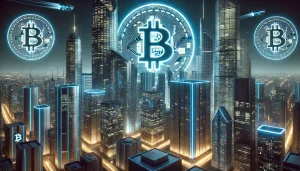 A sleek, futuristic cityscape with a giant Bitcoin symbol illuminated against the night sky