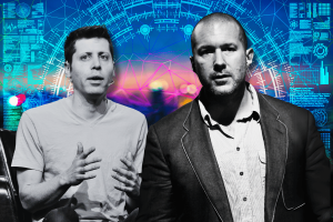 Apple's former designer Jony Ive and OpenAI's Sam Altman team up to create new AI device. Black and white images of Sam Altman and Jony Ive in front of a futuristic blue and pink AI background