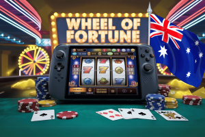 Australia tightens video game ratings to curb gambling-like content. Casino table with gameboy with slot machine on screen and Australian flag in the background