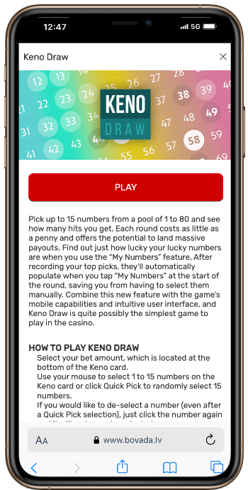 Bovada Keno Game