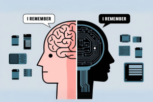 Can AI memory rival human memory One study believes it can. Cartoon of a human brain vs a robot brain saying "I remember"