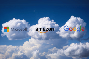 Cloud giants clash as UK watchdog investigates market dominance claims. Microsoft, Amazon, and Google logos inside clouds