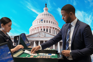 Court may overturn ban on betting on the US elections. Man betting on a casino table with the Capitol Hill in the background