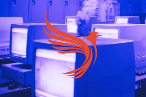 CrowdStrike CFO addresses anger over outage, but downplays legal challenges. Purple tinted image of old computers with smoke coming from them and graphic of red eagle over the top symbolizing CrowdStrike