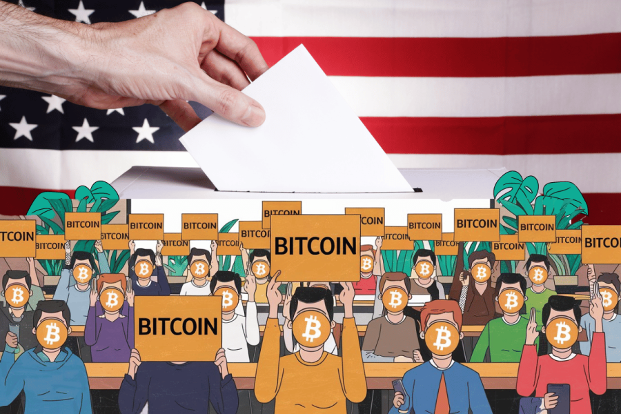 Crypto owners 'prefer Trump over Harris' by 12-point margin, poll suggests. Alt text: "An illustration of a voter casting a ballot in front of a U.S. flag, with a crowd of people holding signs that read 'Bitcoin.' The crowd represents cryptocurrency owners, depicted with Bitcoin logos as heads, indicating their potential influence in the election."