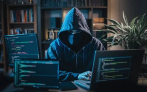 A cinematic shot of a hacker sitting in a dimly lit room. He is wearing a hoodie and has his face covered. He is using a laptop and has multiple screens displaying code. In the background, there's a bookshelf filled with books and a potted plant.