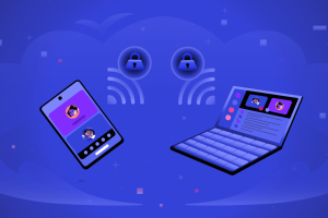 Discord announces end-to-end encryption for audio and video calls. Graphic of laptop and phone with locks depicting encryption