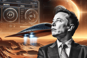 Elon Musk announces SpaceX plans to send first uncrewed Starship Mars missions by 2026. Black and white AI image of Elon Musk in a suit and tie on top of AI image of SpaceX spaceship in Mars in 2026.