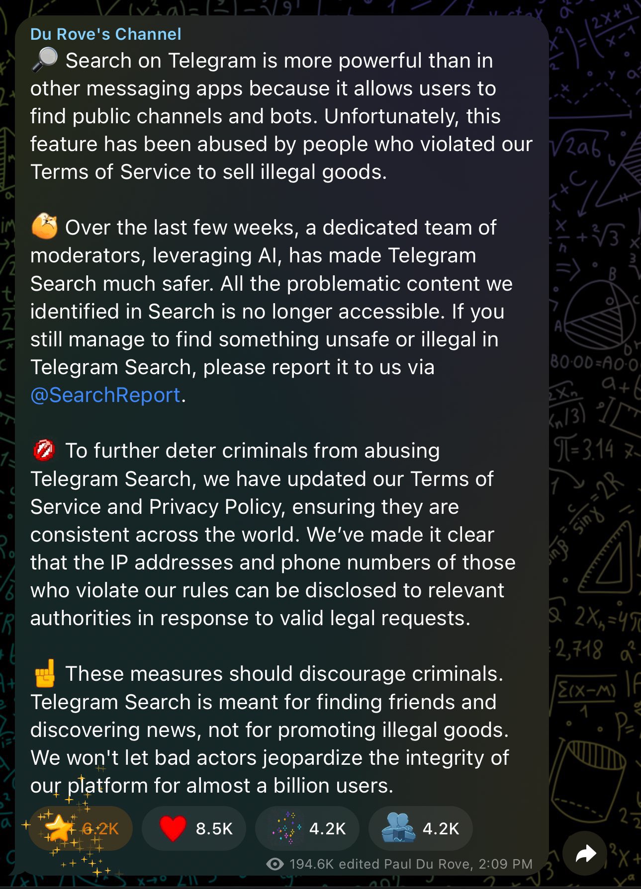 Paul Durov's statement on Telegram