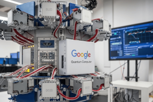 Google says its quantum computer reduces errors in a major breakthrough. Depiction of a quantum computer with Google logo on top