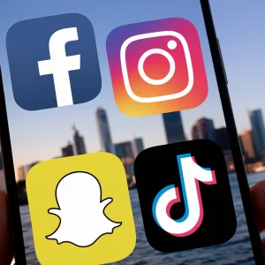 A photo of a smartphone screen displaying the Facebook, Instagram, Snapchat, and TikTok logos. The Facebook logo is at the top left, the Instagram logo is below it, the Snapchat logo is below that, and the TikTok logo is at the bottom right. The background is a blurred-out image of a city skyline.