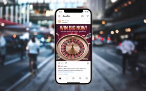 A photo of a phone with a social media ad on it. The ad has a large image of a roulette wheel and the text 