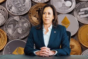 Kamala Harris 'backs crypto and AI investment' as she breaks silence on stance. AI image of Kamala Harris sitting in front of wall of cryptocurrency