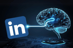 A linkedIn logo connected to a large, digital AI brain