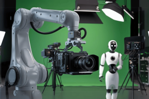 Lionsgate and Runway team up to develop AI models for future films and shows. Robot in a film studio