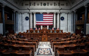 A photo of the US House room. The room is grand with a high ceiling. There are long rows of wooden desks. A large flag is hanging on the wall behind the desks. There are also a few chairs in the room. The floor is made of marble.