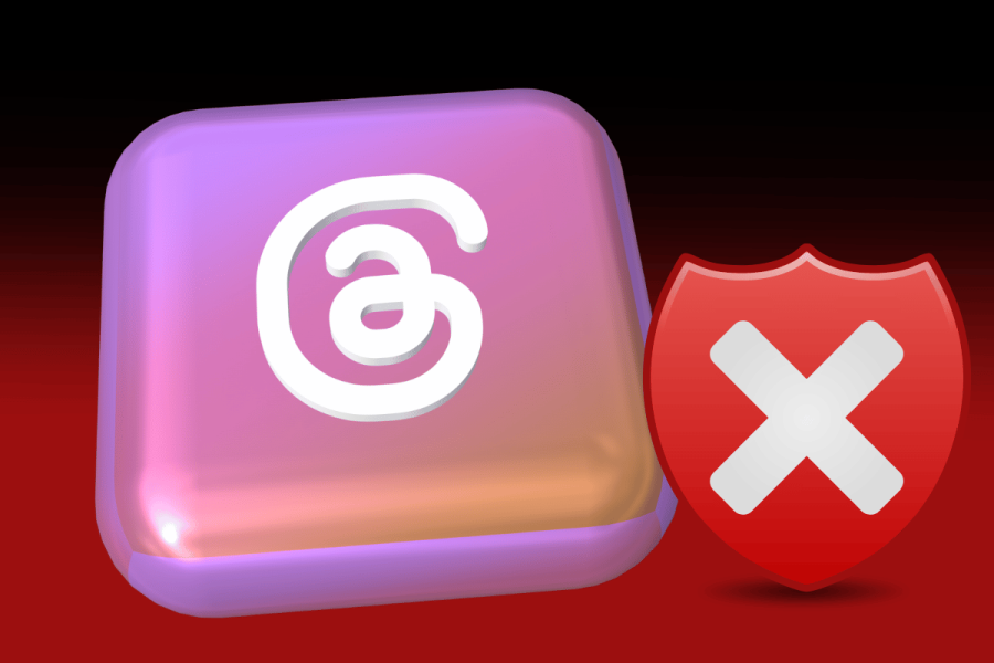 Meta Oversight Board reverses threat post decision on Threads app. A large purple button with the '@' symbol next to a red shield with a white 'X' on a dark background