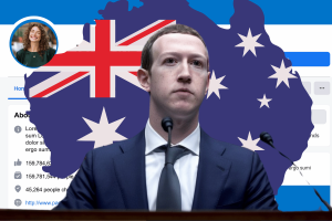 Meta admits scraping public data of Australians since 2007, without any option to opt-out. Mark Zuckerberg in a blue suit and tie in front of map of Australia with Australian flag and a mockup of a Facebook page